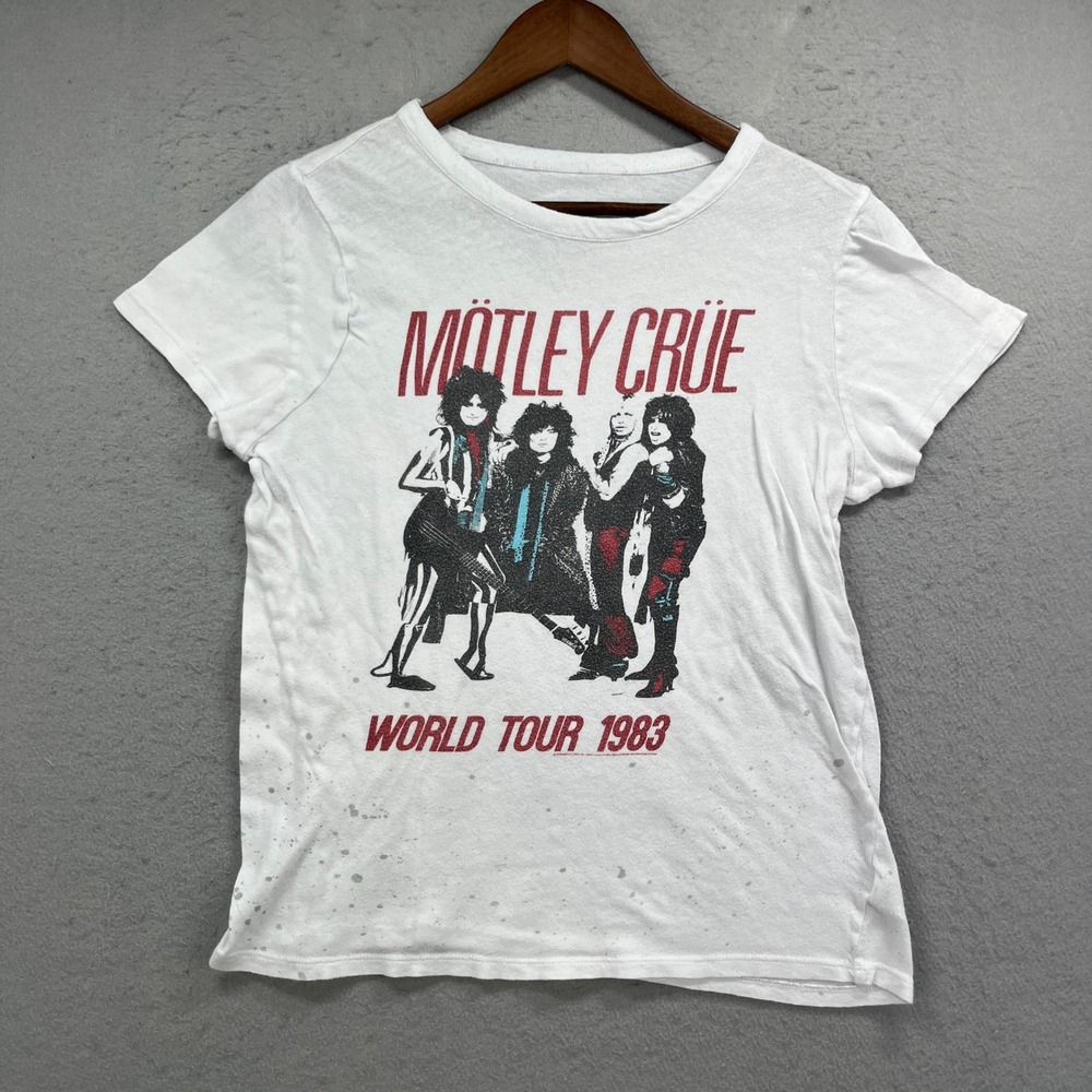 Chaser Motley Crue T Shirt Womens Large White World Tour 1983 Graphic Rock Retro